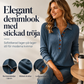 Långärmad patchwork-stickad topp med jeanskrage för damer