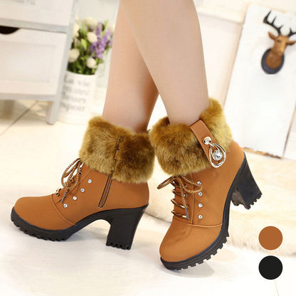【Размер：35-42】👢Жените плюшени цип Chunky петата глезена ботуши
