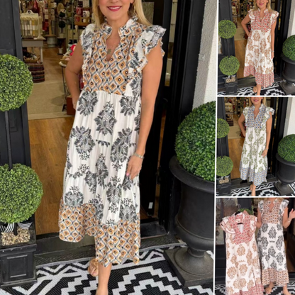 Елегантна печатана рокля с къдрици без ръкави на жените