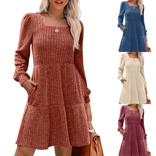 【S-XL】🍂Дамска рокля с квадратна яка и дълги ръкави