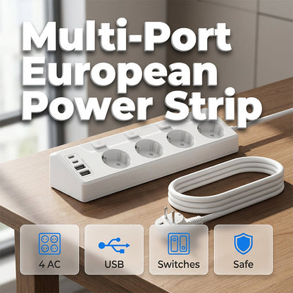 🔌 Разклонител с 4 изхода – с индивидуални превключватели и USB зарядно | Органайзер за дома и офиса 🔋🛡️💻
