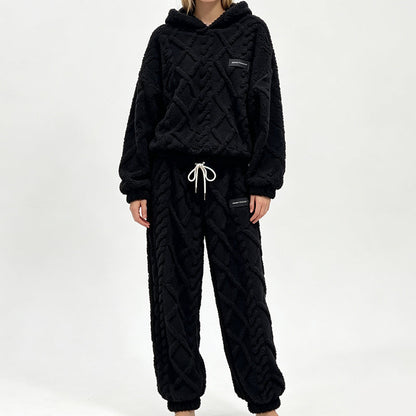 Tidsbegränsat erbjudand✨|Mysigt Fleece Set Dam – Fluffig Hoodie & Byxor med 3D-Struktur, Varm Komfort och Avslappnad Passform