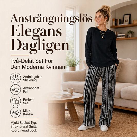 Damsätt i vardagsstil med crewneck-topp och mönstrade byxor
