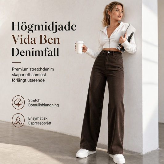 Dam jeans med retro hög midja och breda ben, draperande golvlånga byxor