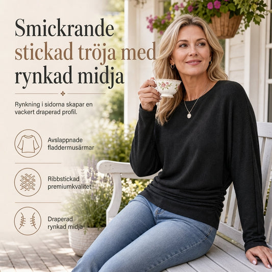 🧶 Casual Lös Stickad Tröja Dam – Rund Hals, Fladdermusärmar, Rynkdesign, Droppade Axlar ✨