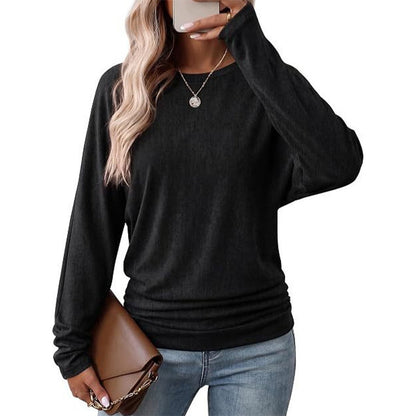 🧶 Casual Lös Stickad Tröja Dam – Rund Hals, Fladdermusärmar, Rynkdesign, Droppade Axlar ✨