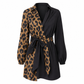 50 % RABATT🖤 🐆Långärmad miniklänning för damer med leopardmönster och kontrasterande lappar samt bälte