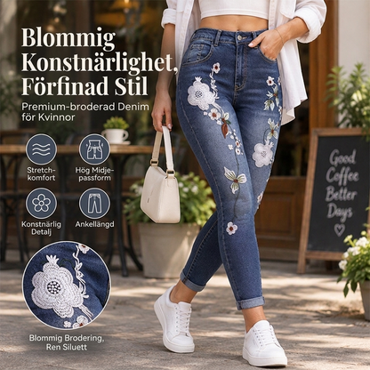 ✨ Dessa stretchiga skinny-jeans för damer, prydda med blomsterbroderier, satsar på en bekväm stil 👖
